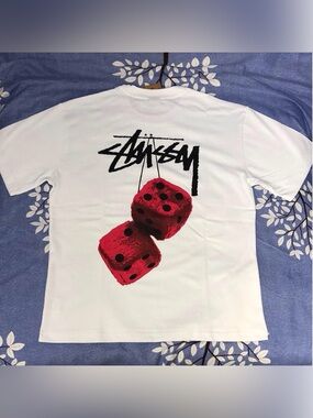 Stussy White Tee with Red Dice and Black Logo
